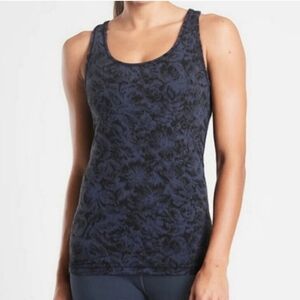 Athleta Navy Blue & Black Frosted Floral Print Scoop Textured Tank Top